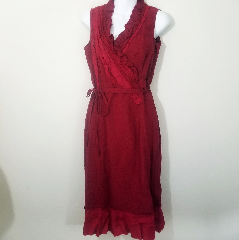 Feminine red linen ruffle wrap dress Size 6 EUR 36